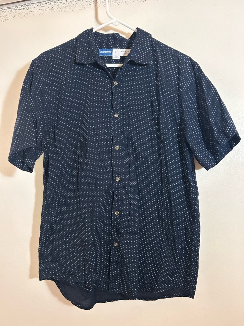 Old Navy Mens Everyday Shirt Classic Fit Navy Blue White Dots Cotton Medium
